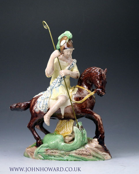 Saint George slaying the Dragon Staffordshire pottery figure. English  late 18th century antique