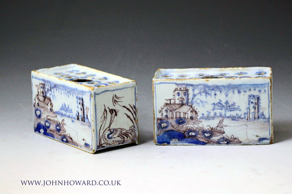 Antique English delftware pottery flower bricks in manganese and blue chinoserie decoration mid 18th century period.