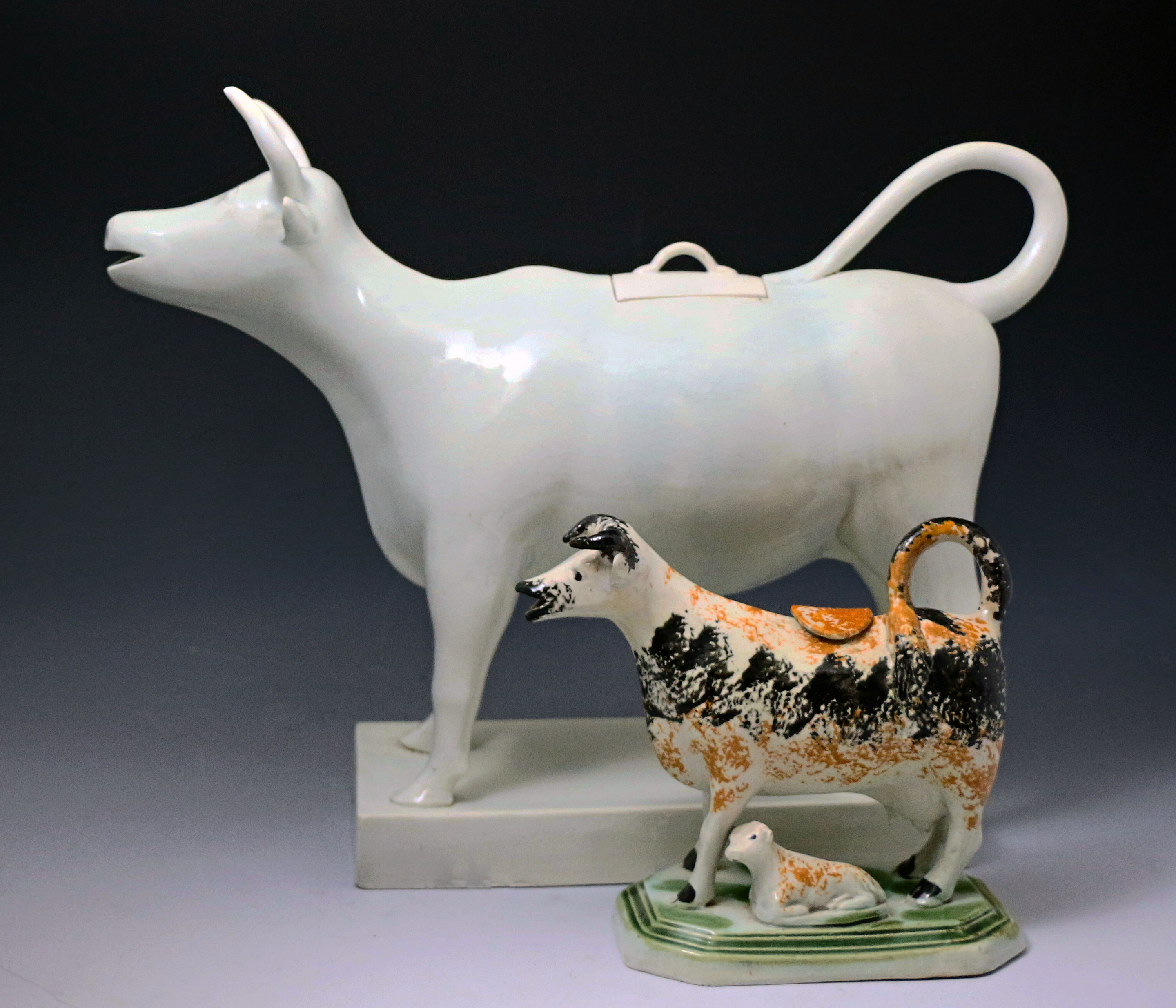 Massive scale early cow creamer pottery figure , pearlware late 18th century Staffordshire.