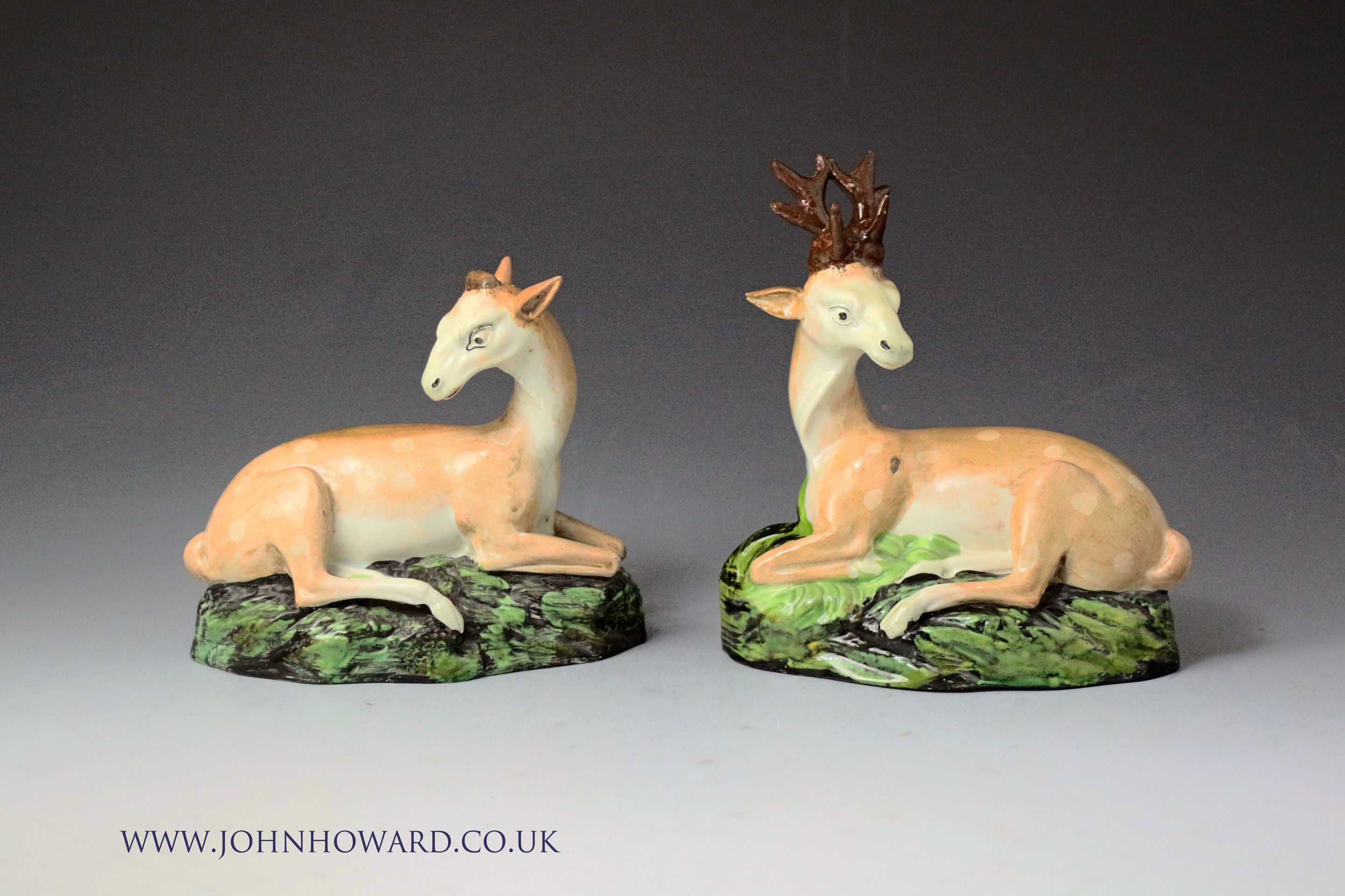 Staffordshire pottery pearlware stag and doe pair early 19th century England