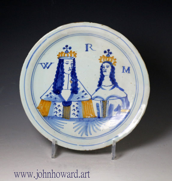 English delftware royalty plate with portraits of William and Mary circa 1695 London 