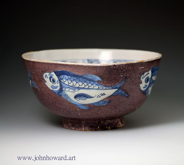 English period delftware bowl powdered manganese and blue fish decoration mid 18th century, Wincanton or Bristol .