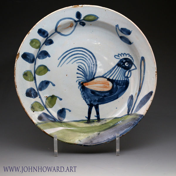 English delftware pottery plate with image of a cockerel antique period early 18th century London 