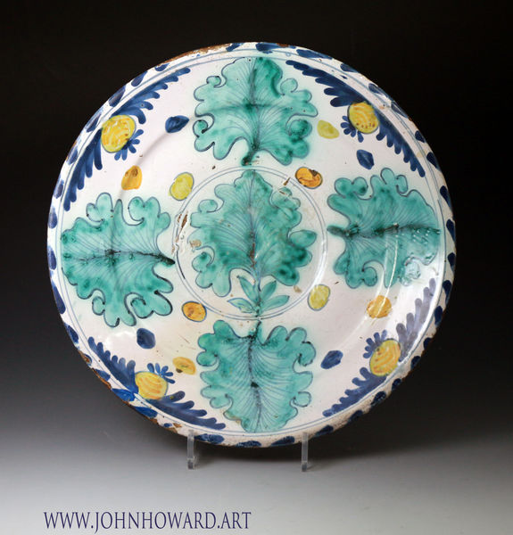 English delftware dish with oak leaf decoration late 17th century