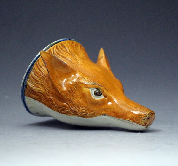 Antique pottery Fox head stirrup Prattware England c1810 period 