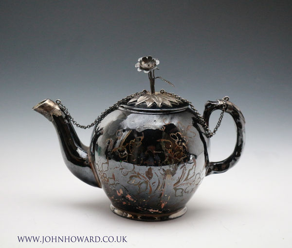 Antique Staffordshire pottery Jackfield teapot with silver embellishments mid 18th century England