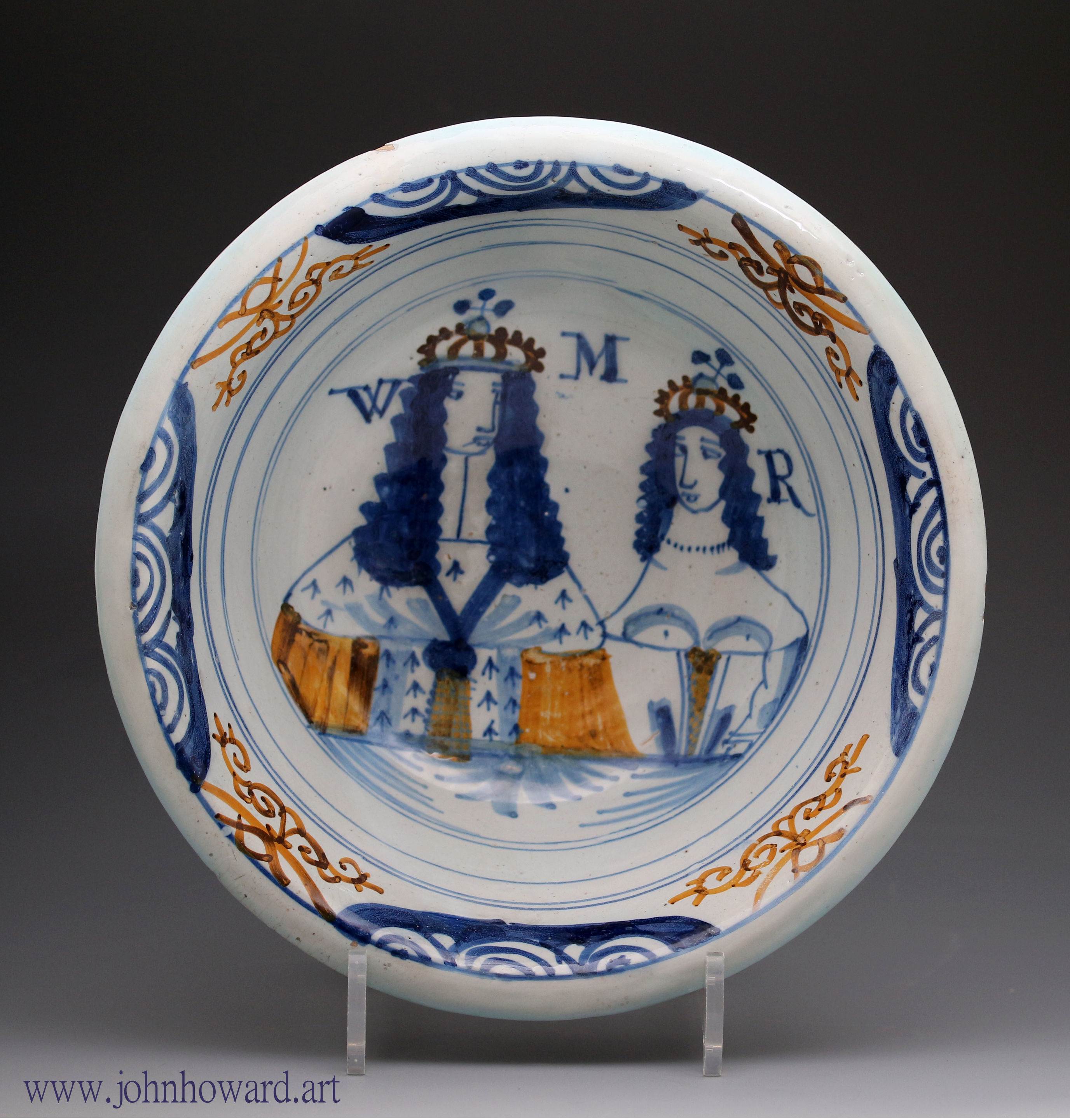 English delftware bowl with Royal portraits of King William and Queen Mary late 17th century