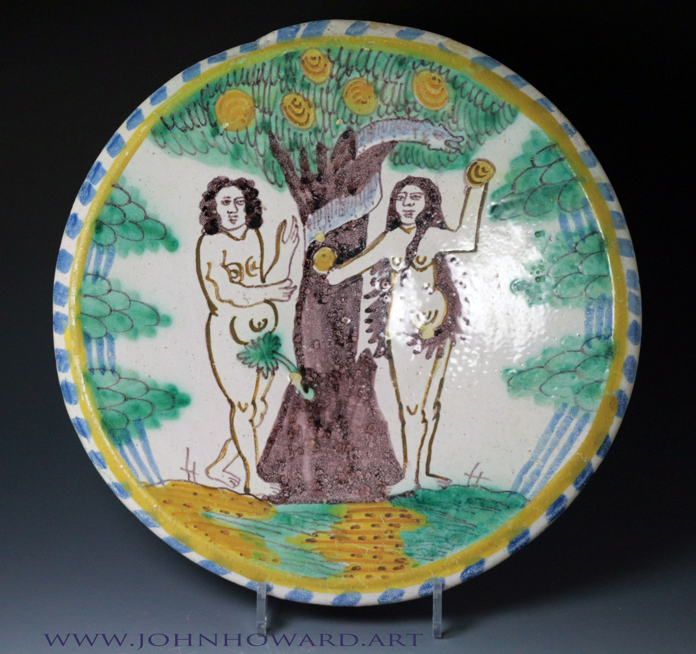 English early delftware pottery blue dash dish of the Temptation of Adam and Eve,