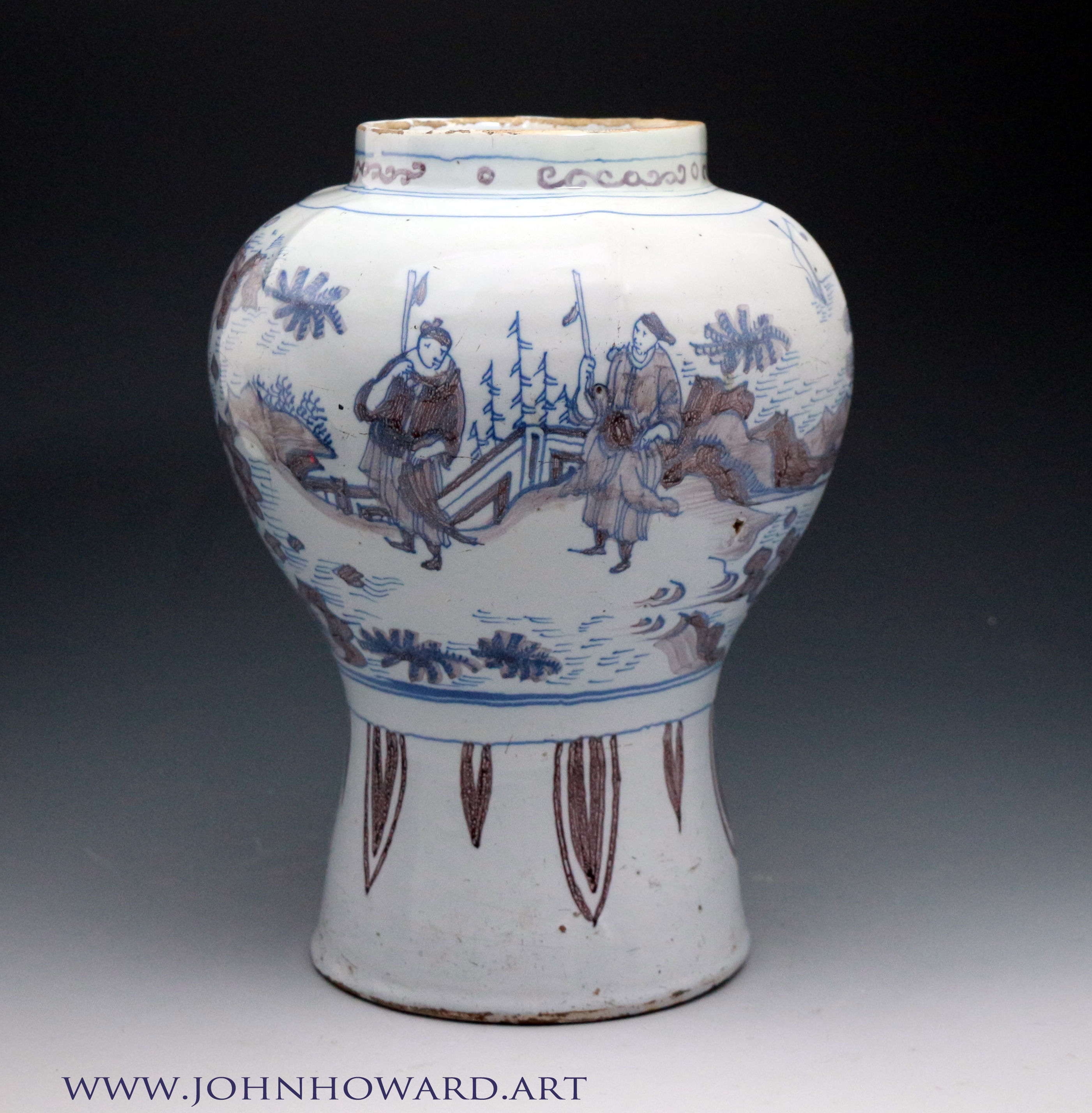 English delftware vase, Ming style decoration in blue and manganese. London c1680