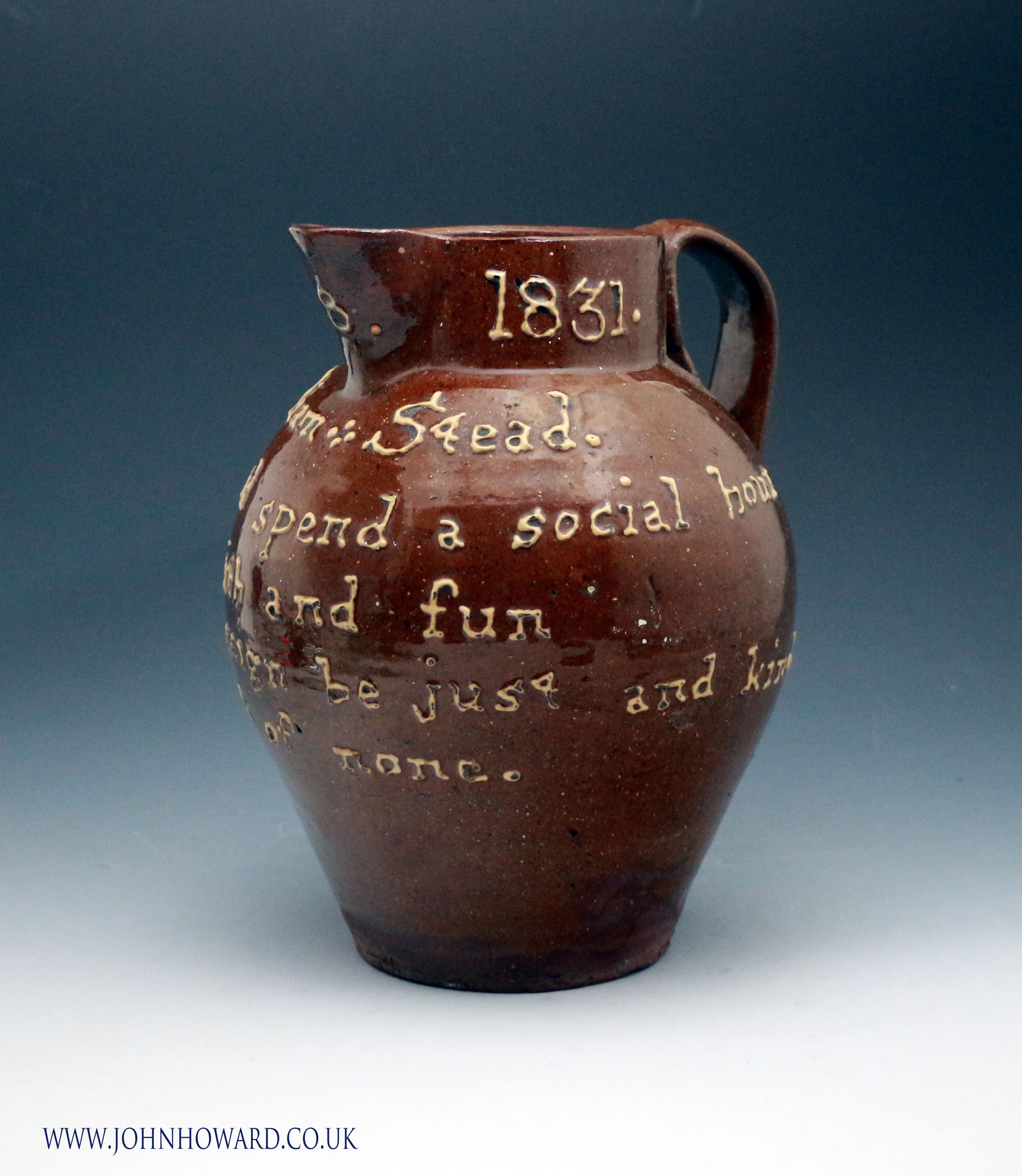 Slipware named and dated earthenware pitcher. William Stead 1831