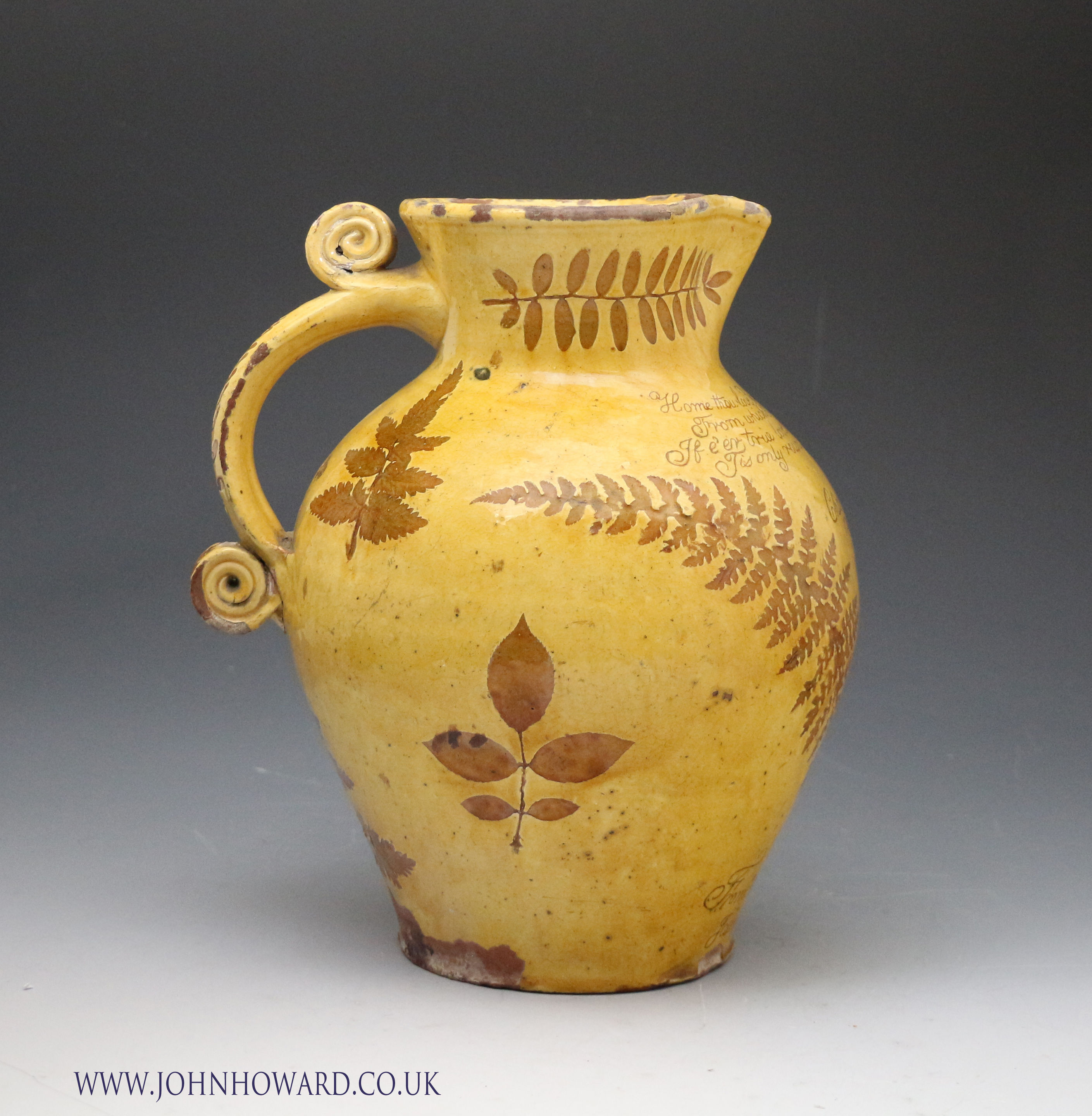 Devon pottery slipware cider jug scrafitto and leaf decoration  circa 1840 George Fishley of Fremington