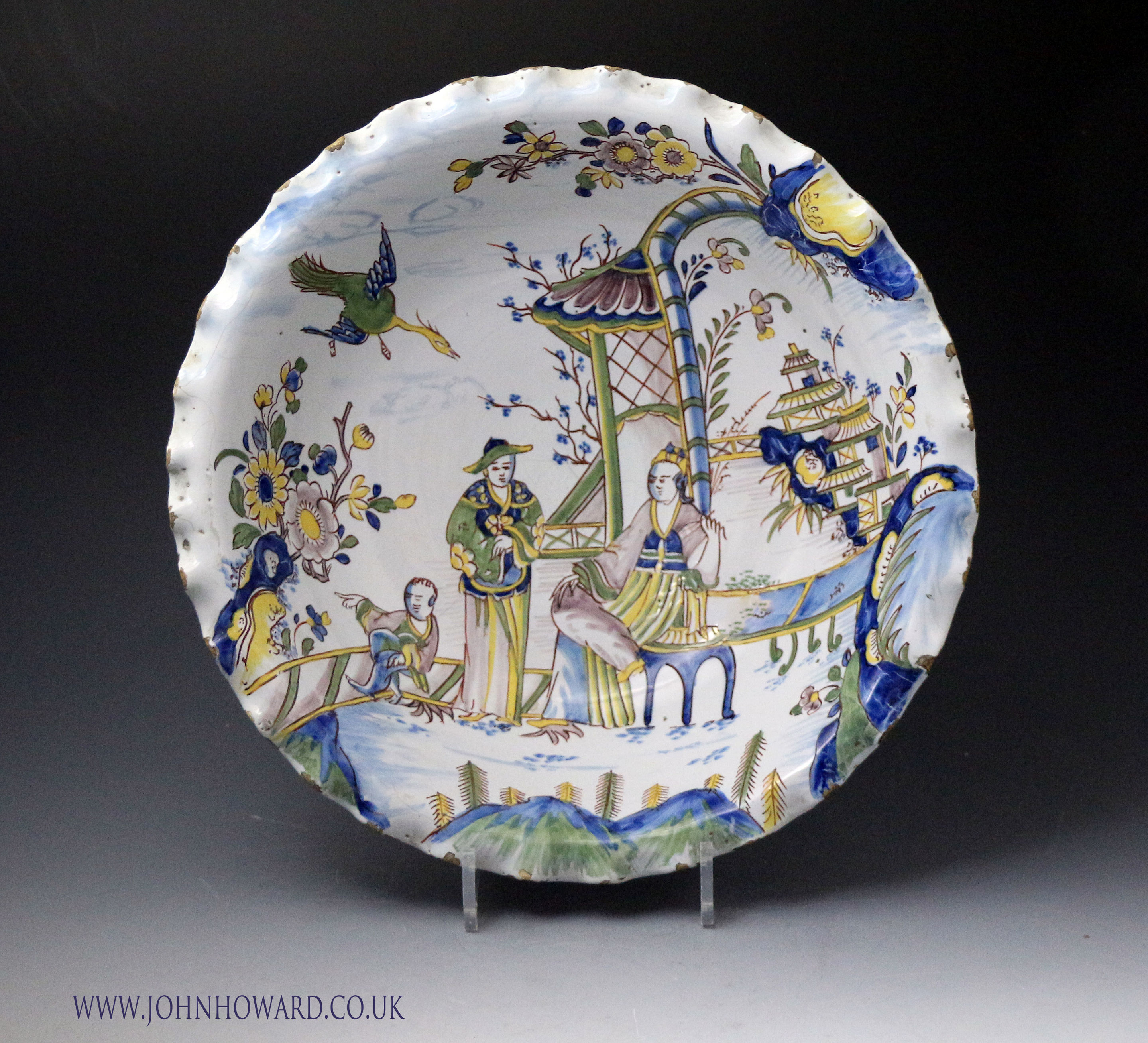 Bristol delftware pottery wig bowl chinoserie decorated polychrome colours circa 1735.England