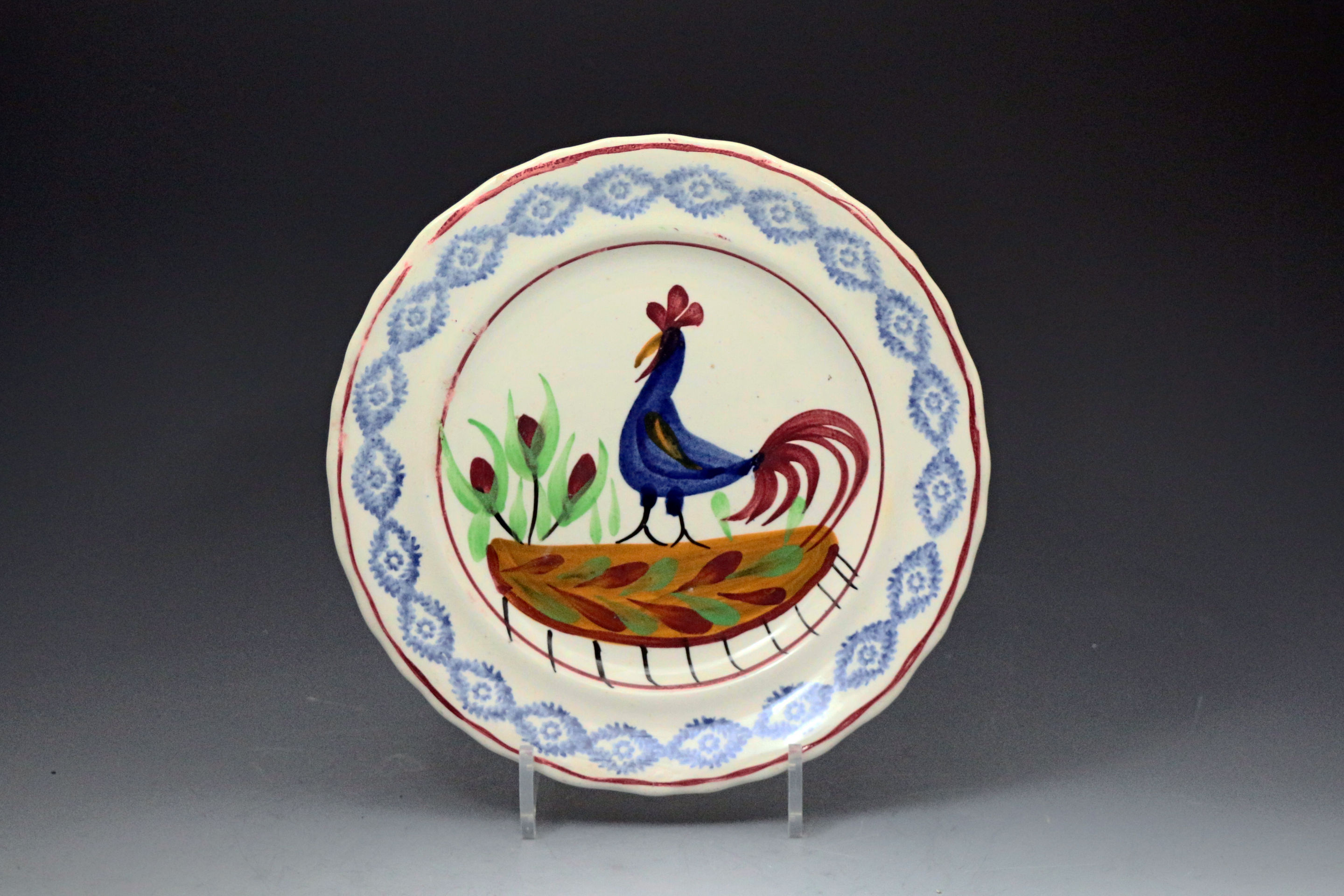 Welsh Llanelli pottery cockerel plate with sponged decoration painted by Sara Roberts