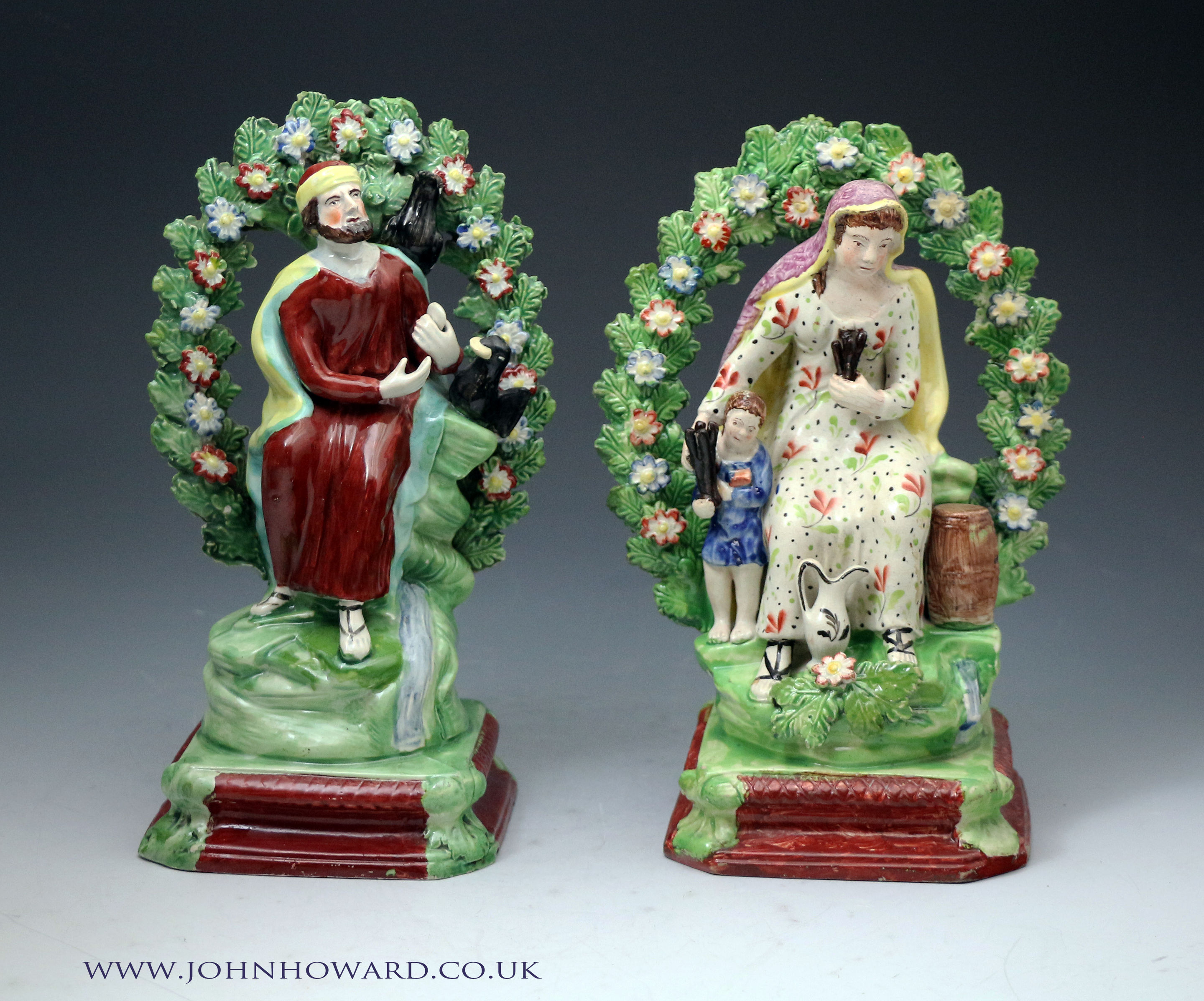 Staffordshire pottery pearlware bocage figures of Elijah and the Widow of Zarepath, Patriot Group of figures early 19th century