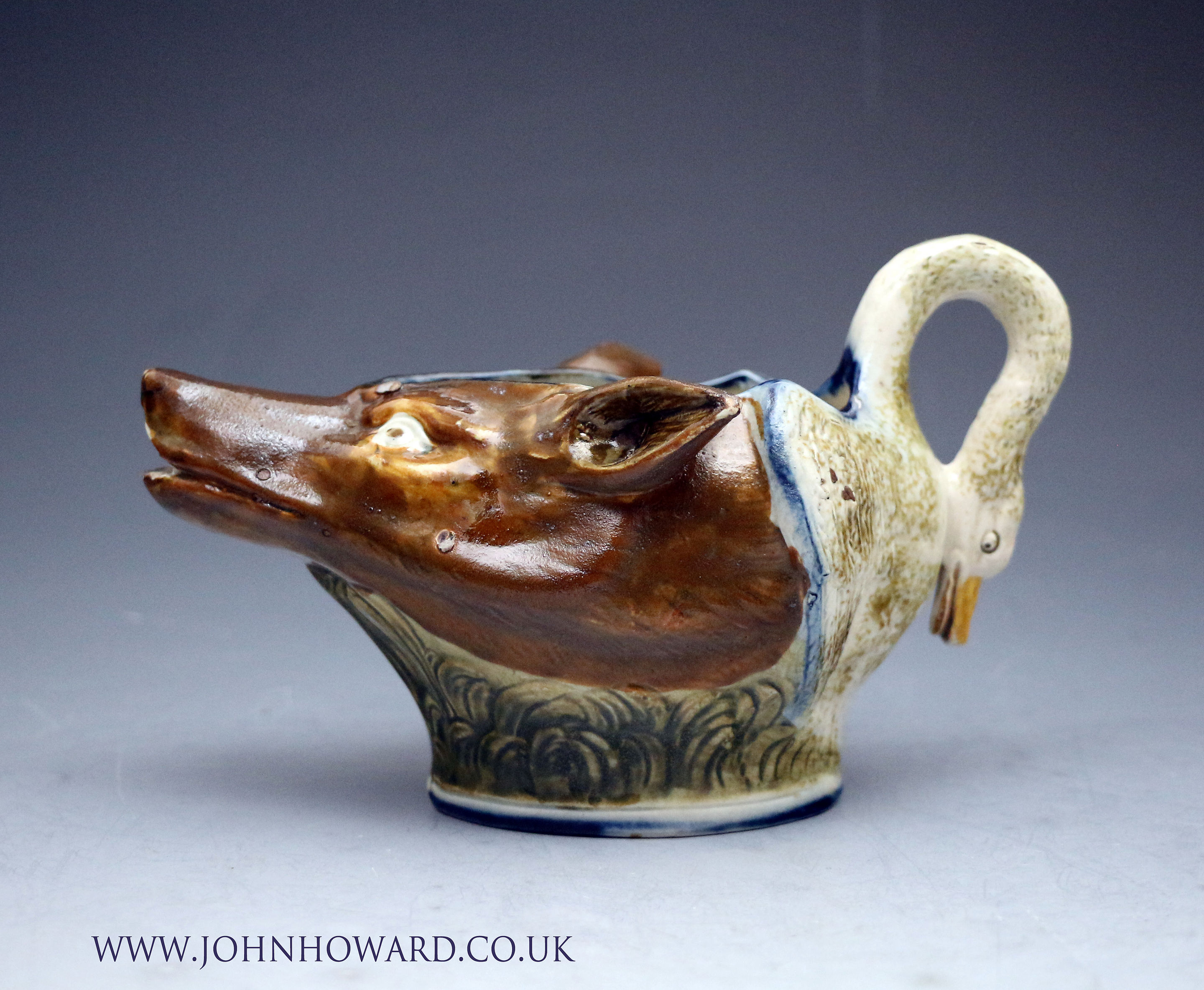 Prattware pottery zoomorphic fox and swan sauce boat circa 1790